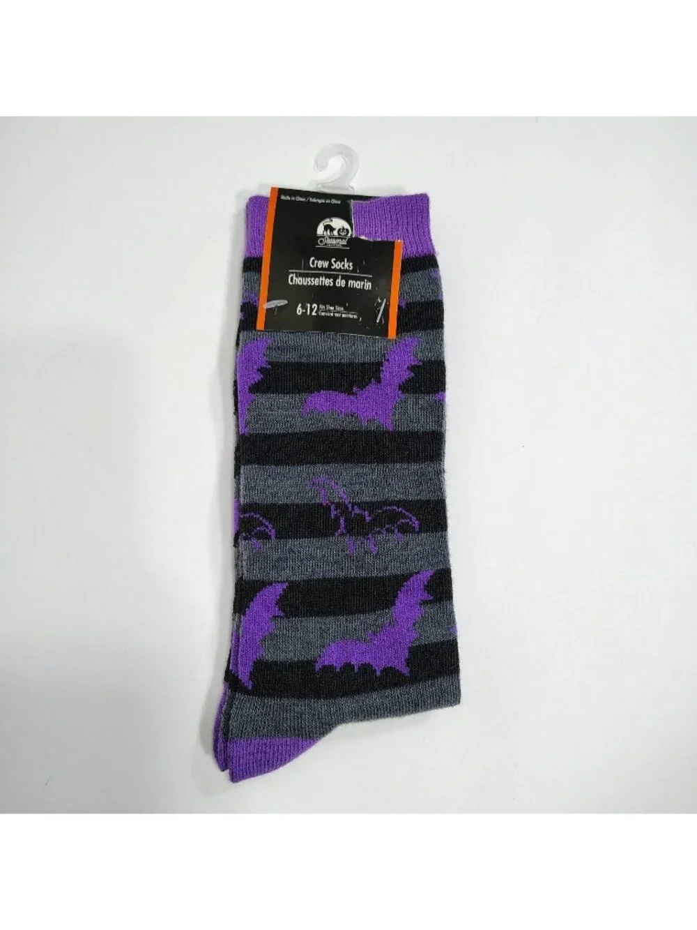 Halloween Crew Socks Womens Size 6-12 Black Purple Grey Striped Bat Pattern